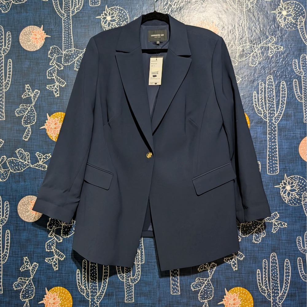 NEW Lafayette 148 New York Frey Crepe One Button Jacket Blazer Royal Blue 14W